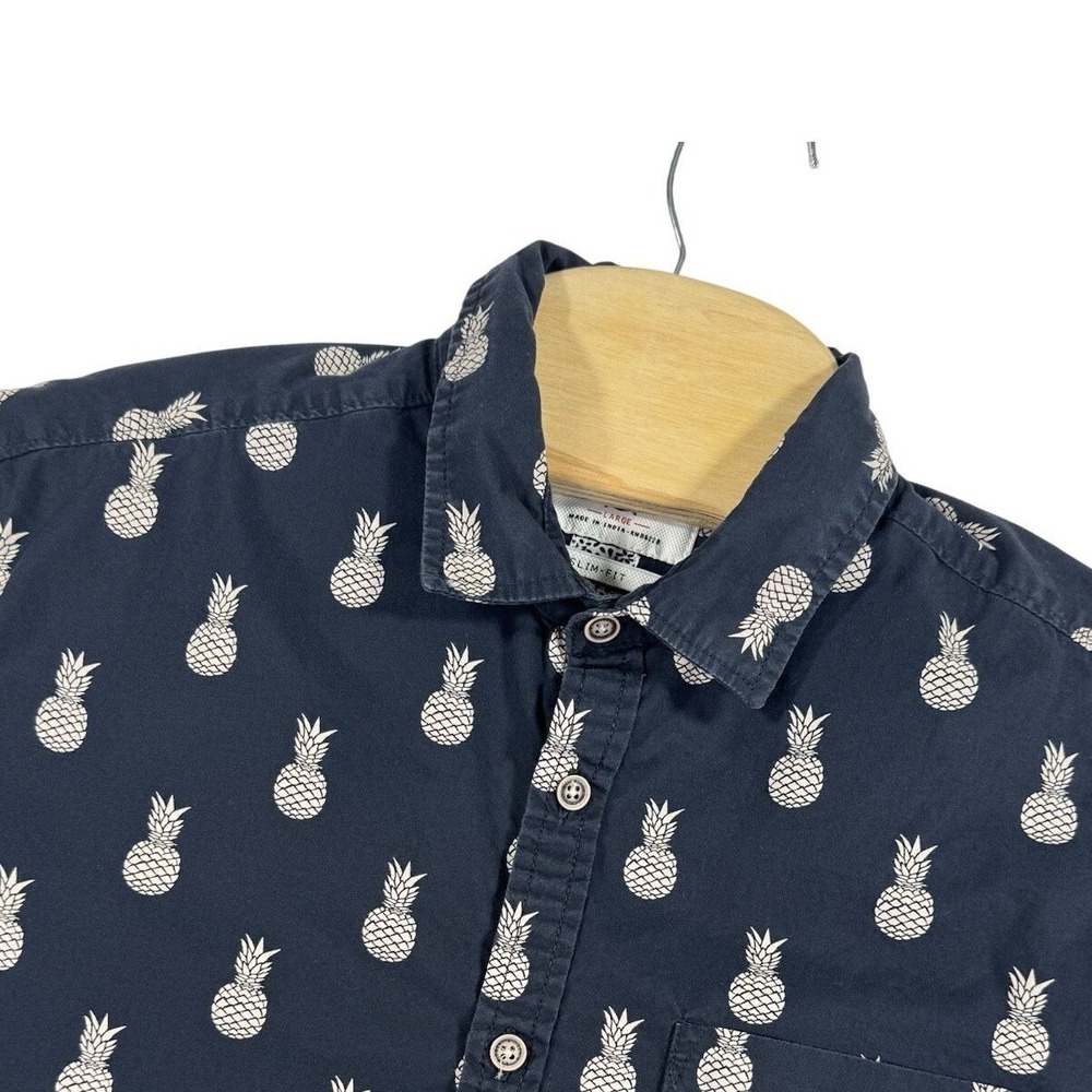 Denim & Flower Button Down Shirt Mens Large Navy Blue Pineapple Print Slim Fit